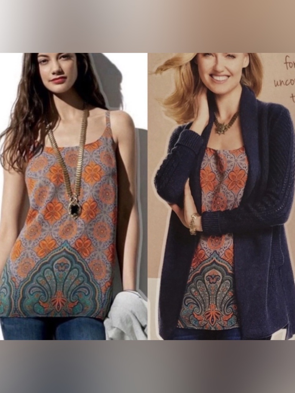 CAbi Cami Tank Top Size M Arabesque Floral Orange/teal Paisley Boho Chiffon